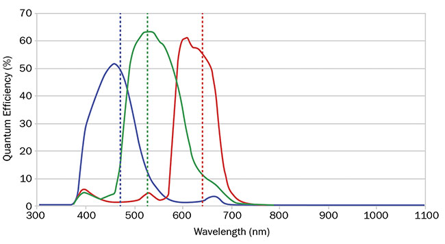 圖 3. RGB 相機(jī)的量子效率曲線顯示了紅色、綠色和藍(lán)色之間的重疊。 由愛特蒙特光學(xué)公司提供。